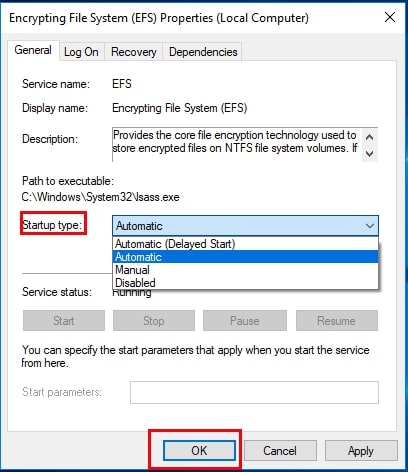 Свойства службы Encrypting File System в services.msc