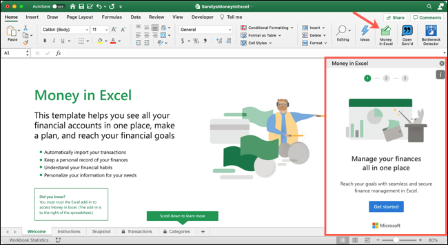 Показать панель Money in Excel
