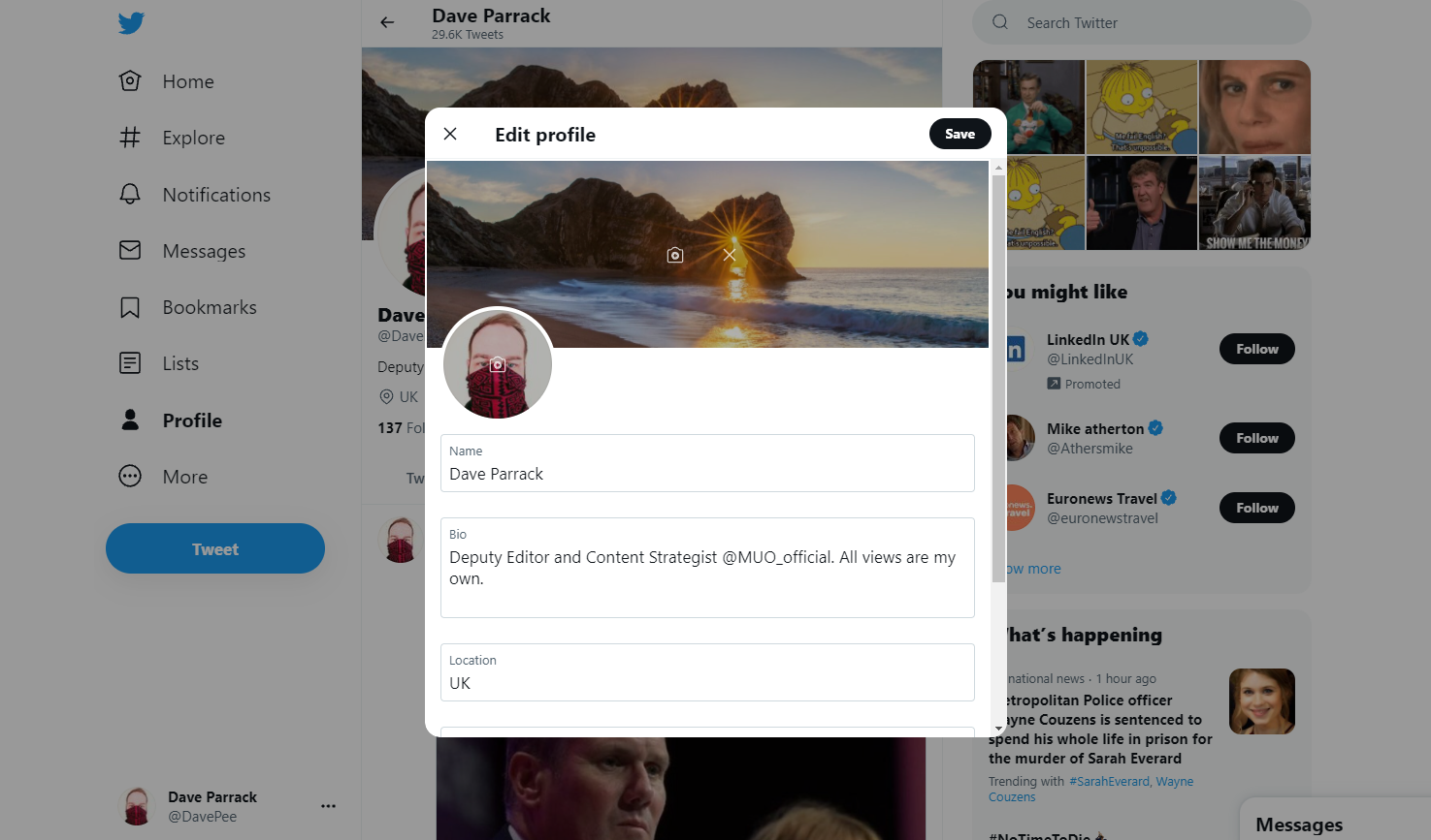 Редактирование профиля Twitter