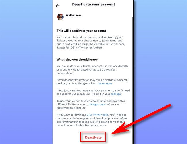 Экран предупреждения о деактивации аккаунта.