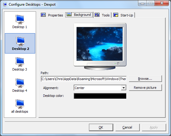 Настройки фонового оформления и поведения виртуального рабочего стола в Dexpot