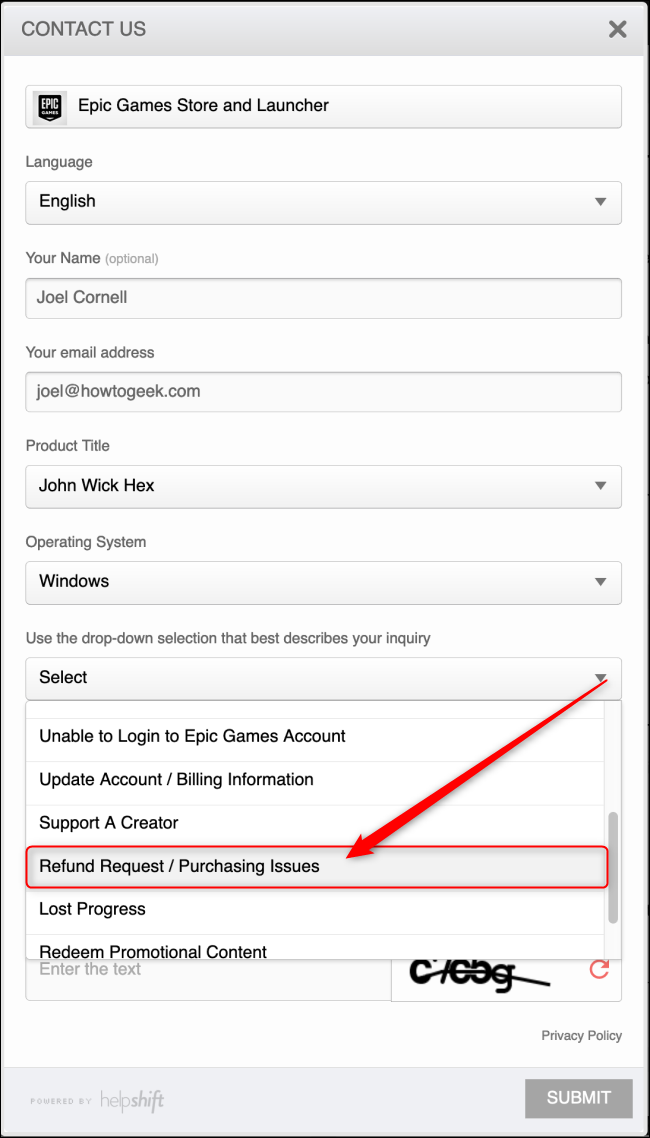 Epic Games Refund Request Form