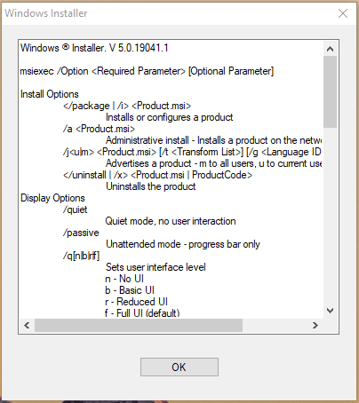 Ventana emergente del instalador msiexec