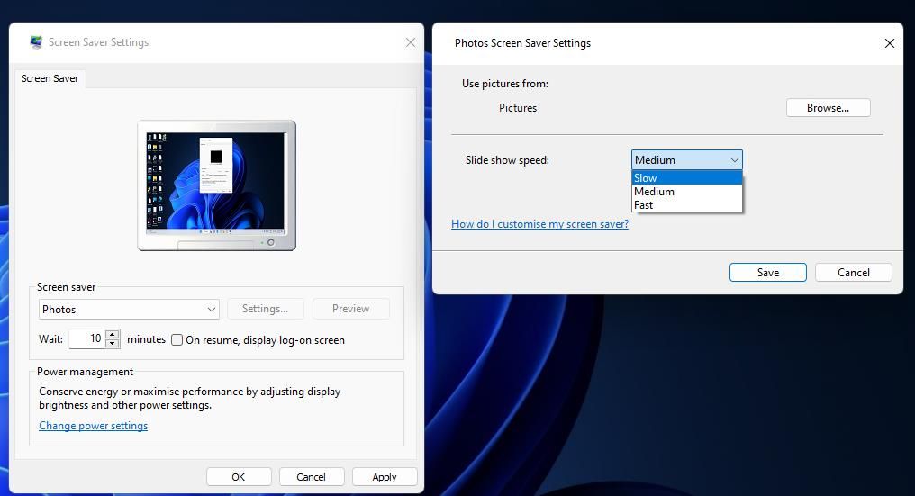 Настройки заставки Photos с выбором папки и скорости слайд-шоу