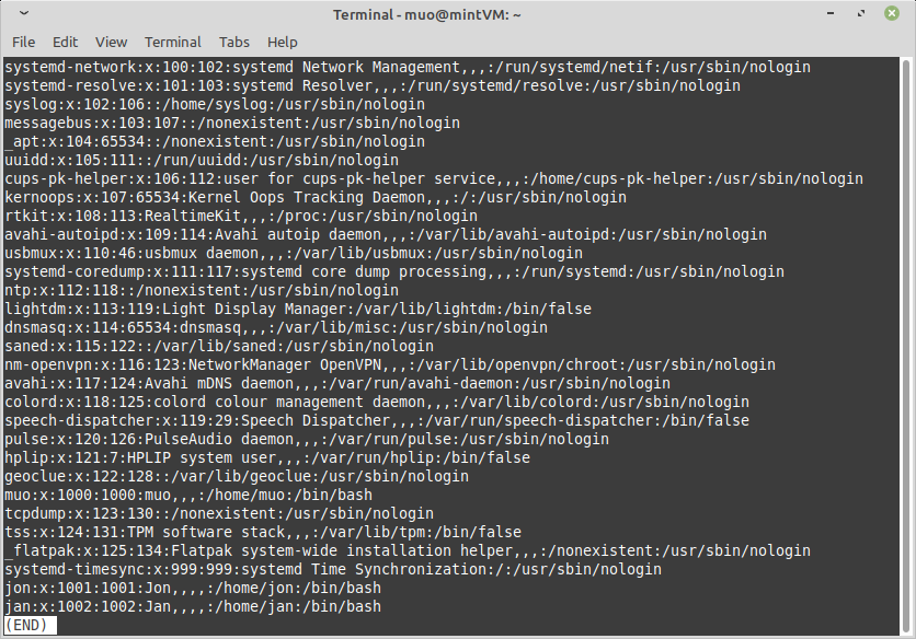 Просмотр списка учётных записей в /etc/passwd