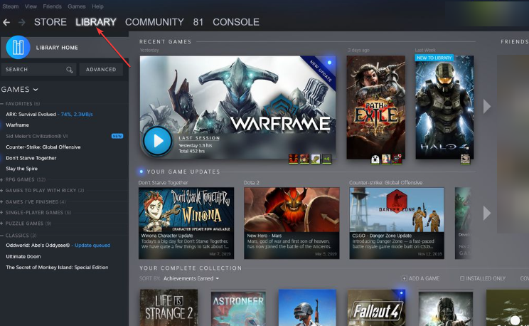 Окно библиотеки Steam