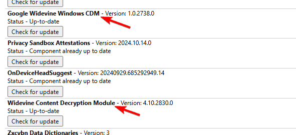 Модуль Widevine в списке компонентов Chrome