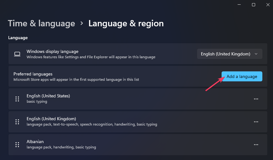 Кнопка добавления языка в Windows 11