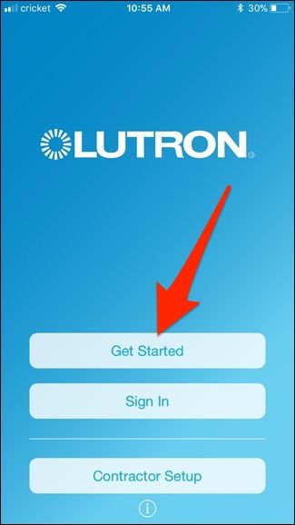Экран Get Started в приложении Lutron