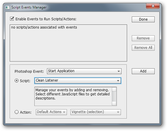 Диалог Script Events Manager с выбором события Start Application