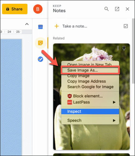 Правый клик и выбор Сохранить изображение как для сохранения картинки из заметки Google Keep