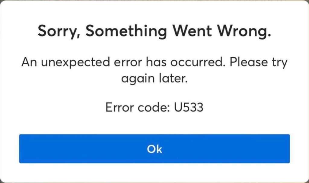 Сообщение об ошибке Ticketmaster U533 на экране устройства