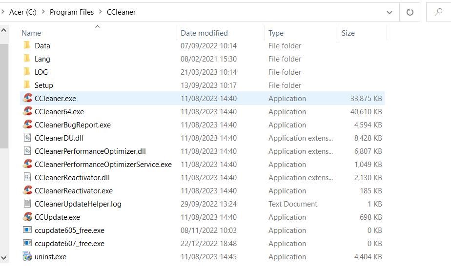 Файл CCleaner64.exe в папке установки