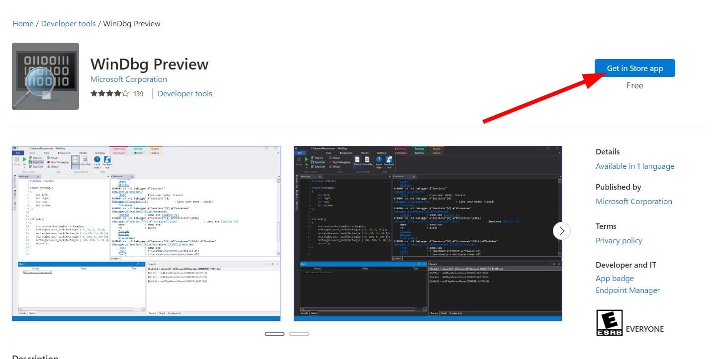 Кнопка для установки WinDbg из Microsoft Store
