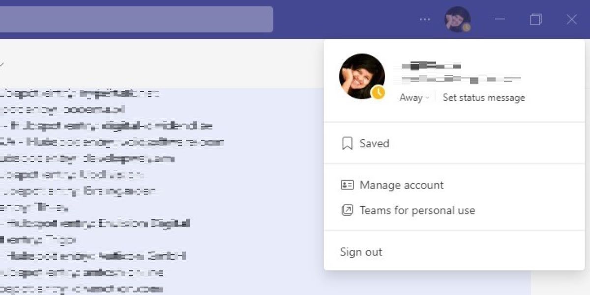 Меню профиля в Microsoft Teams для Windows с опцией установки сообщения статуса