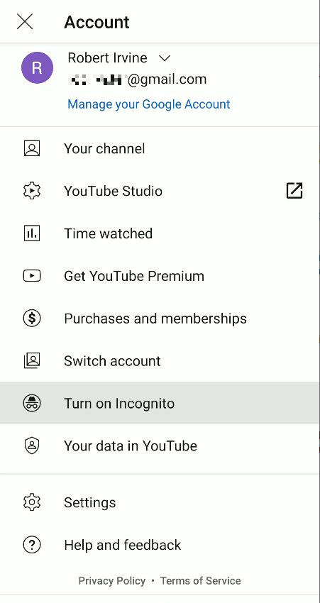 YouTube go Incognito