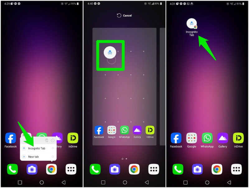 Ярлык режима Инкогнито на домашнем экране Android