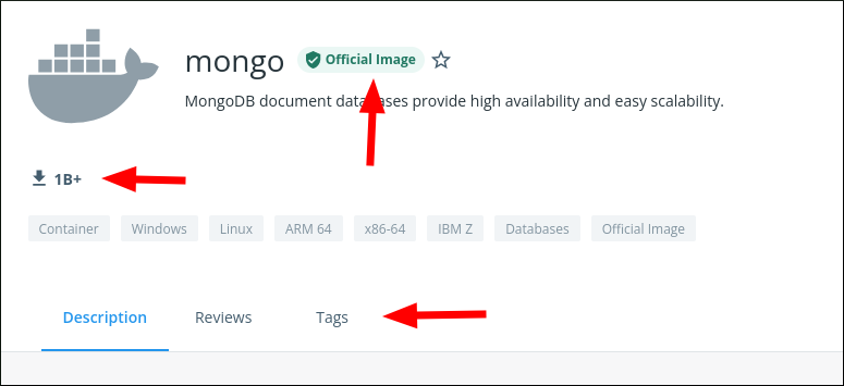 Скриншот страницы Docker Hub с описанием образа и метриками загрузок