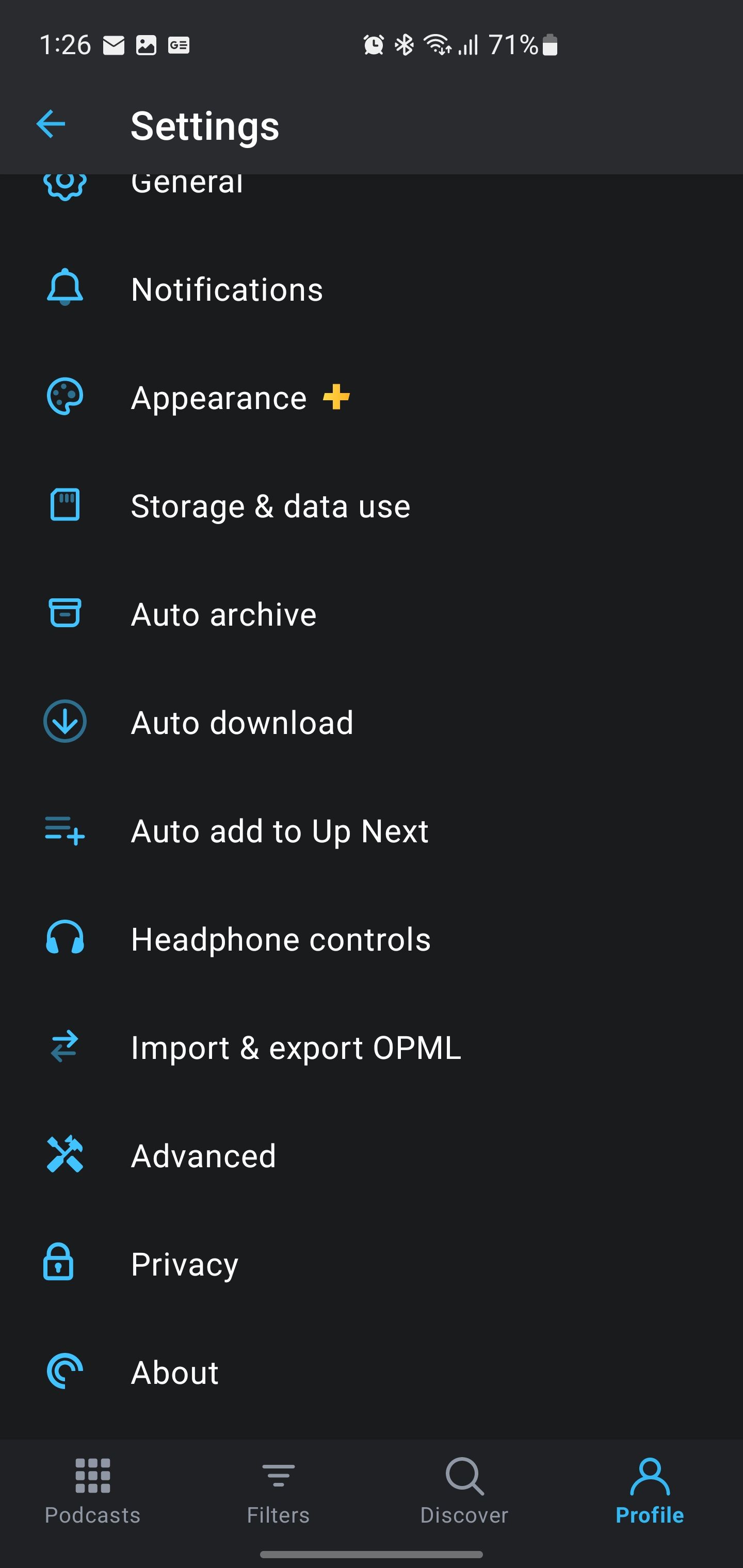 Меню настроек Pocket Casts