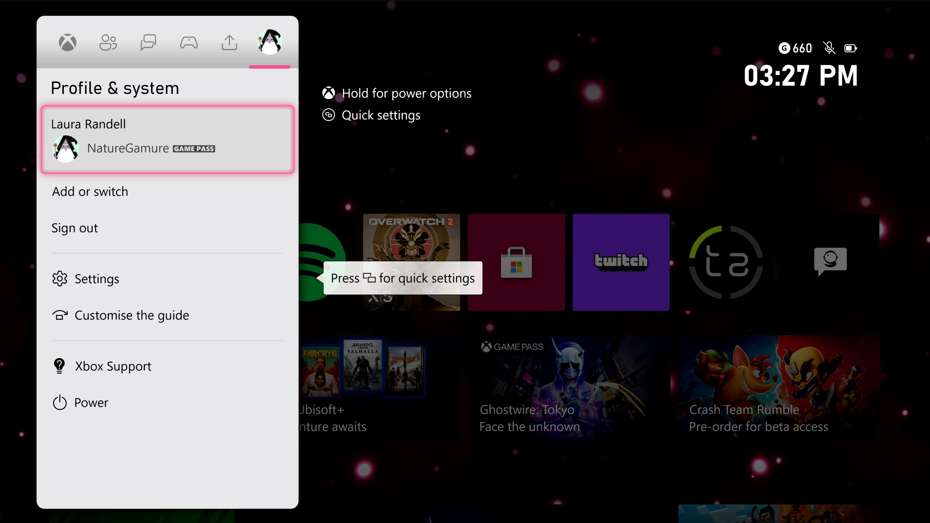 Скриншот меню 'Profile & System' на Xbox Series X|S