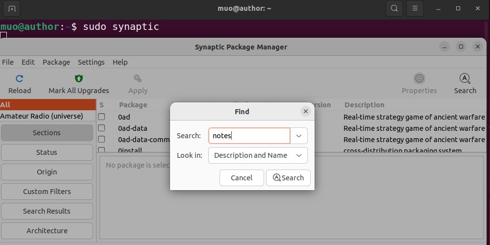 Поиск пакета для установки в Synaptic на Ubuntu