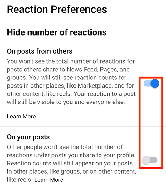 Скрытие счётчиков лайков в мобильном приложении Facebook.