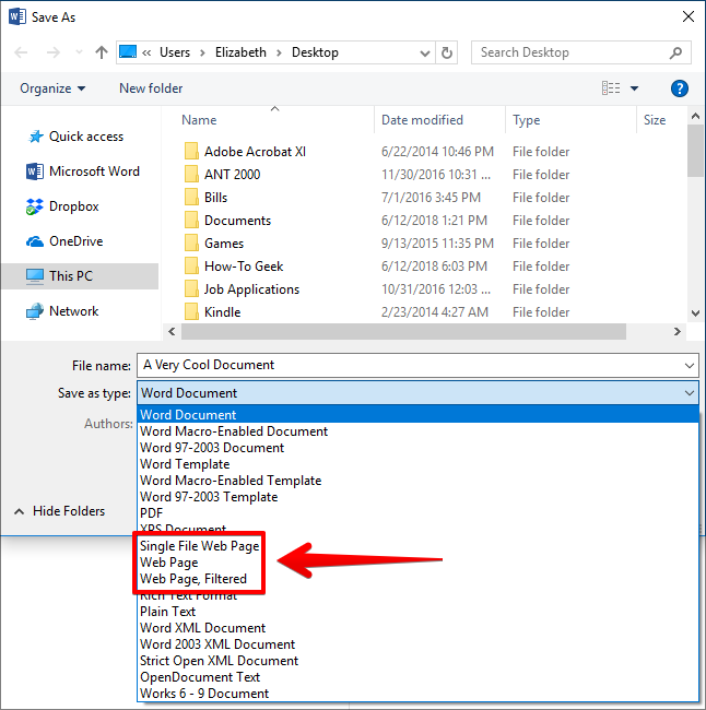 Скриншот: выбор типа файла для сохранения