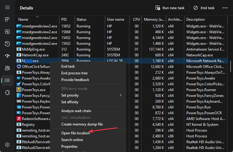 Открытие расположения файла NWiz.exe через Диспетчер задач