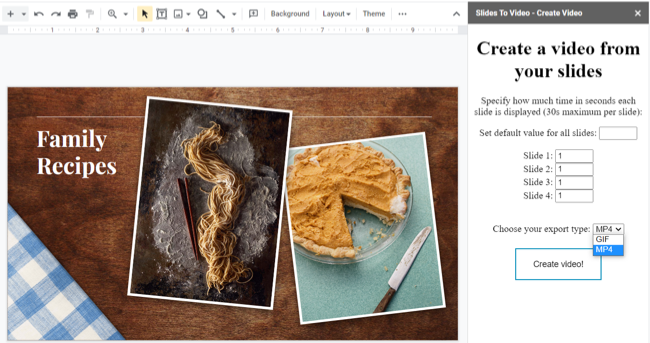 Боковая панель настройки Slides to Video с выбором длительности и типа экспорта