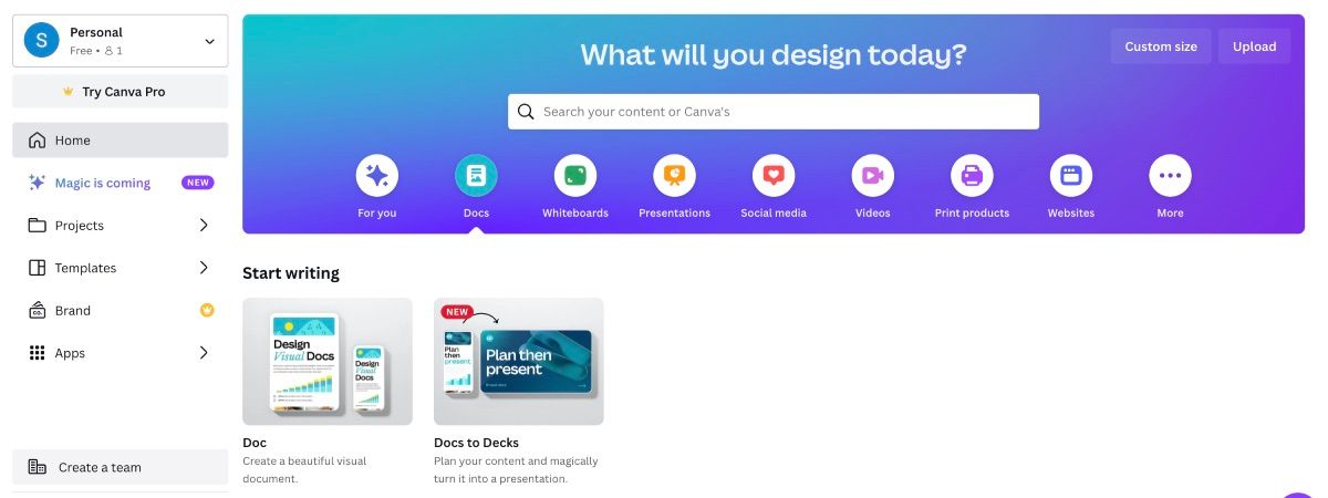 Главная страница Canva с видимой функцией Docs to Decks
