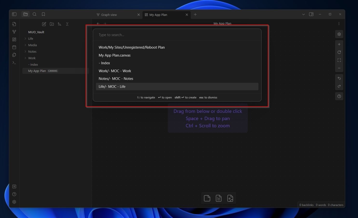 Окно поиска заметки для вставки на Canvas