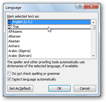 Окно проверки правописания с новым языком установленным