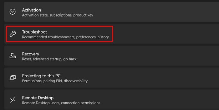 Переход к разделу «Устранение неполадок» в Параметрах Windows
