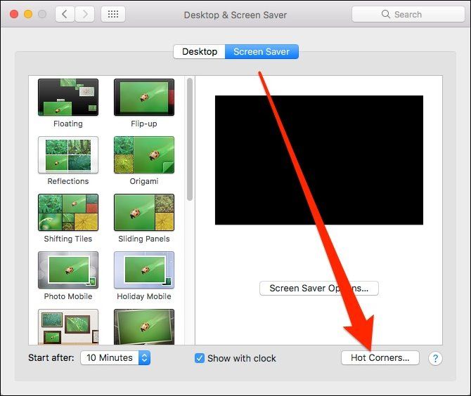 Диалог настройки горячих углов в macOS