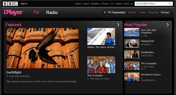 Раздел «Featured» на BBC iPlayer, подборки за последние дни