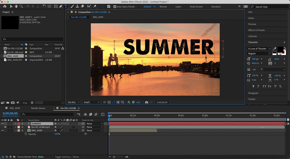 After Effects composition with photo of sunset and black text saying 