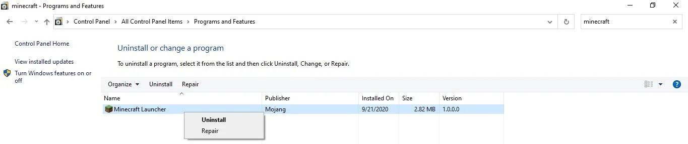 Удаление Minecraft через Панель управления Windows