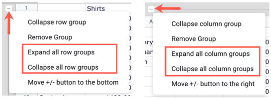 Контекстное меню для развёртывания или сворачивания всех групп