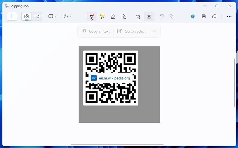 Сканирование QR‑кода в приложении Ножницы Windows 11