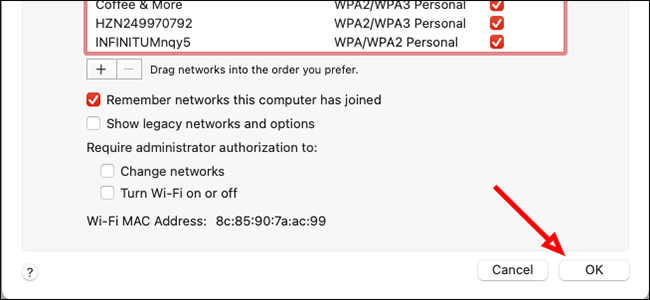 Кнопка ОК в окне сети macOS