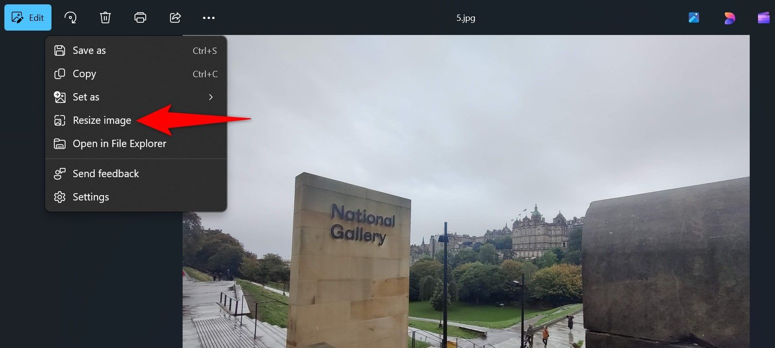 'Resize Image' highlighted in Photos.