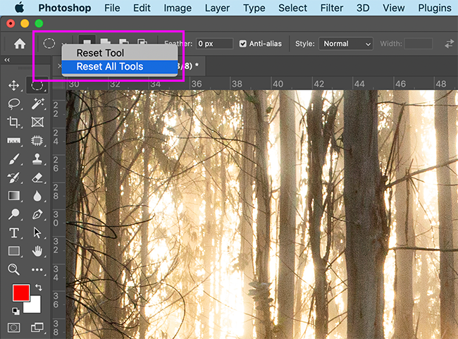 Выбор опции «Сбросить все инструменты» в Photoshop