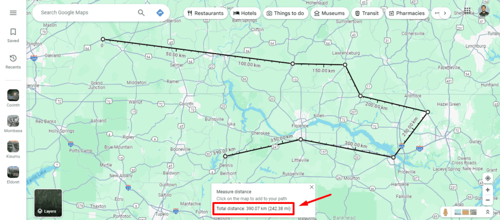 Отображение общей длины пути внизу экрана
