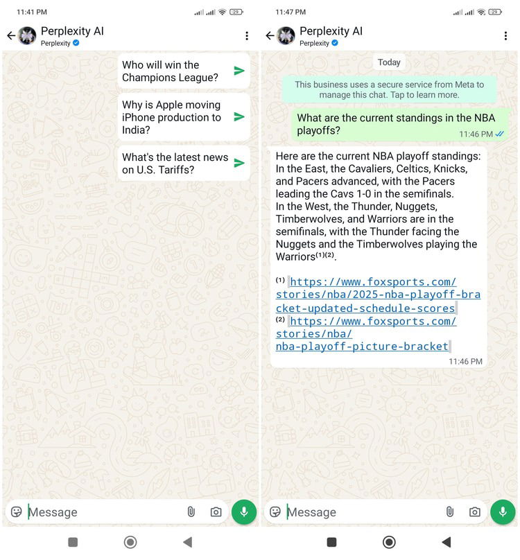 Перplexity отвечает на вопрос в чате WhatsApp с источниками под ответом