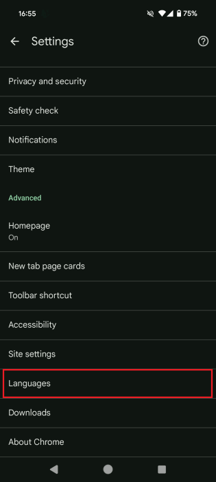 Переход в раздел Языки в приложении Chrome для Android