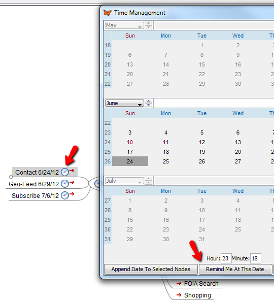 Окно настройки напоминания в FreeMind с иконкой будильника