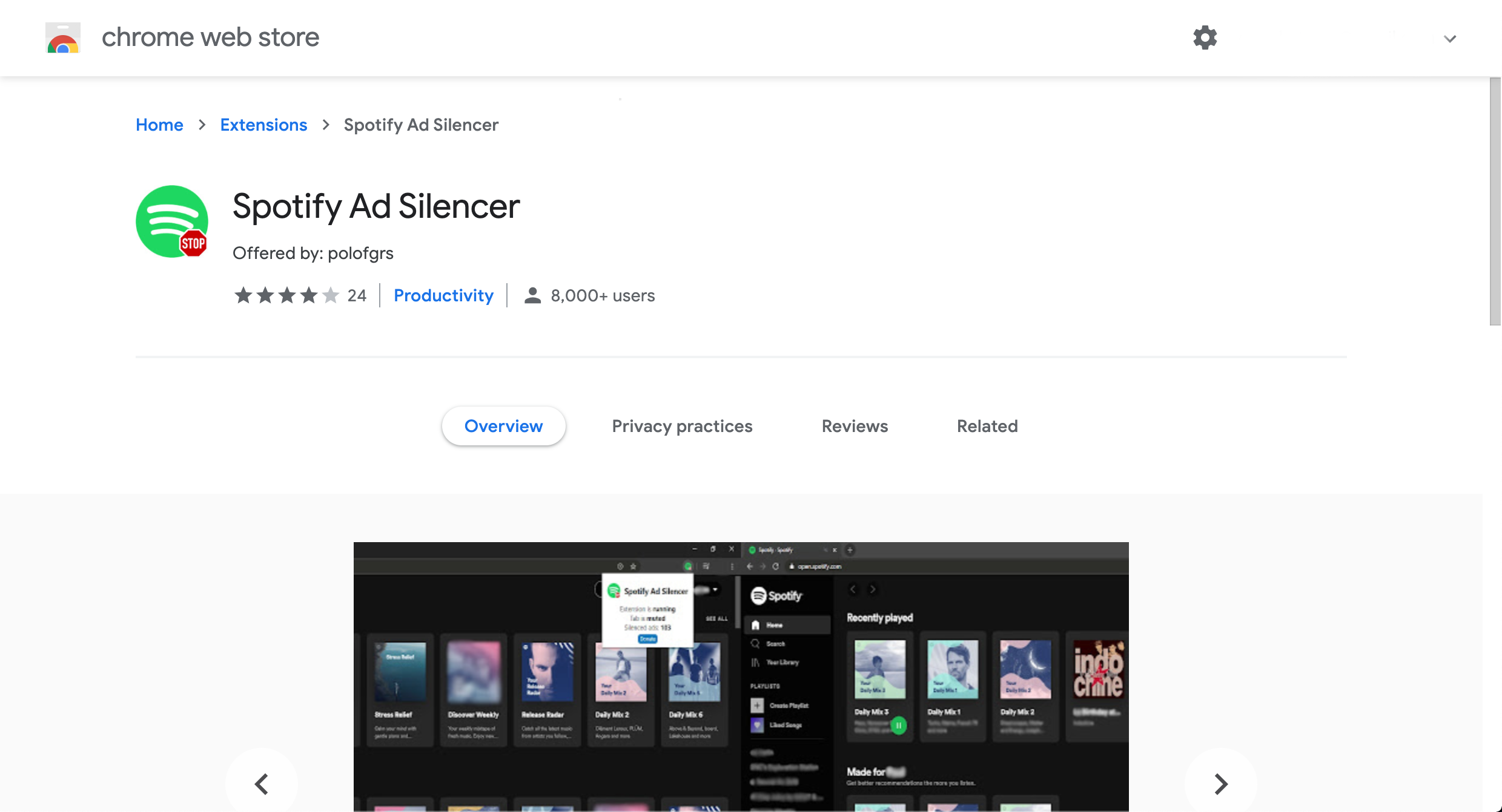 Расширение Spotify Ad Silencer в Google Chrome