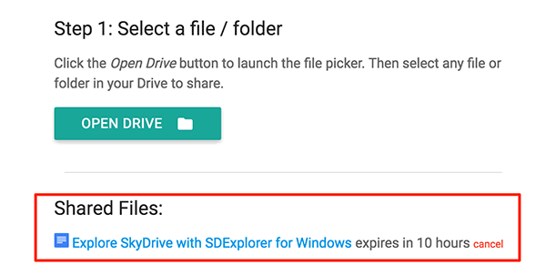 Список расшаренных файлов со сроками и кнопкой отмены