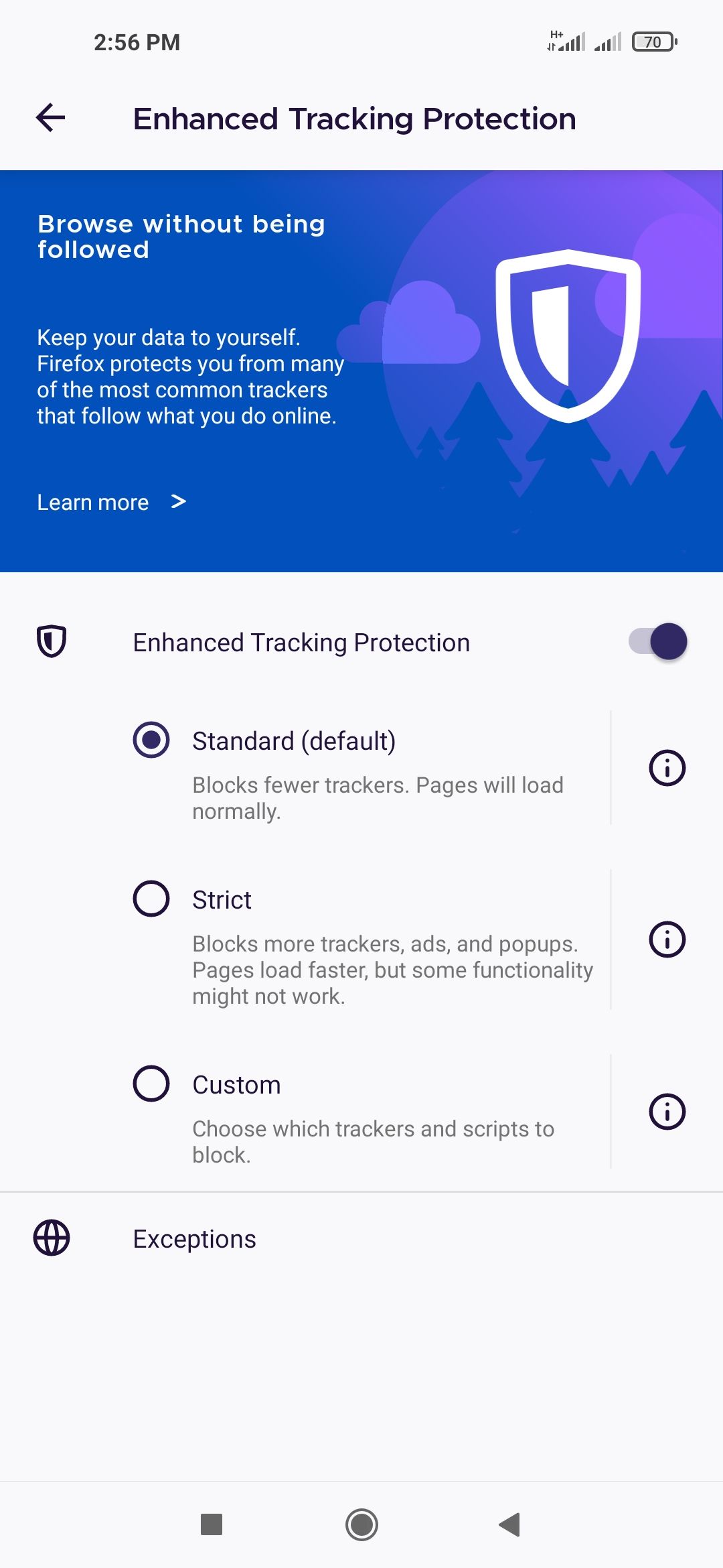 Пользовательские опции cookie в мобильном Firefox