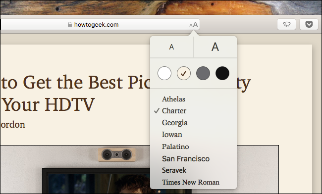 Меню настройки Reader View на Mac с опциями шрифта и фона